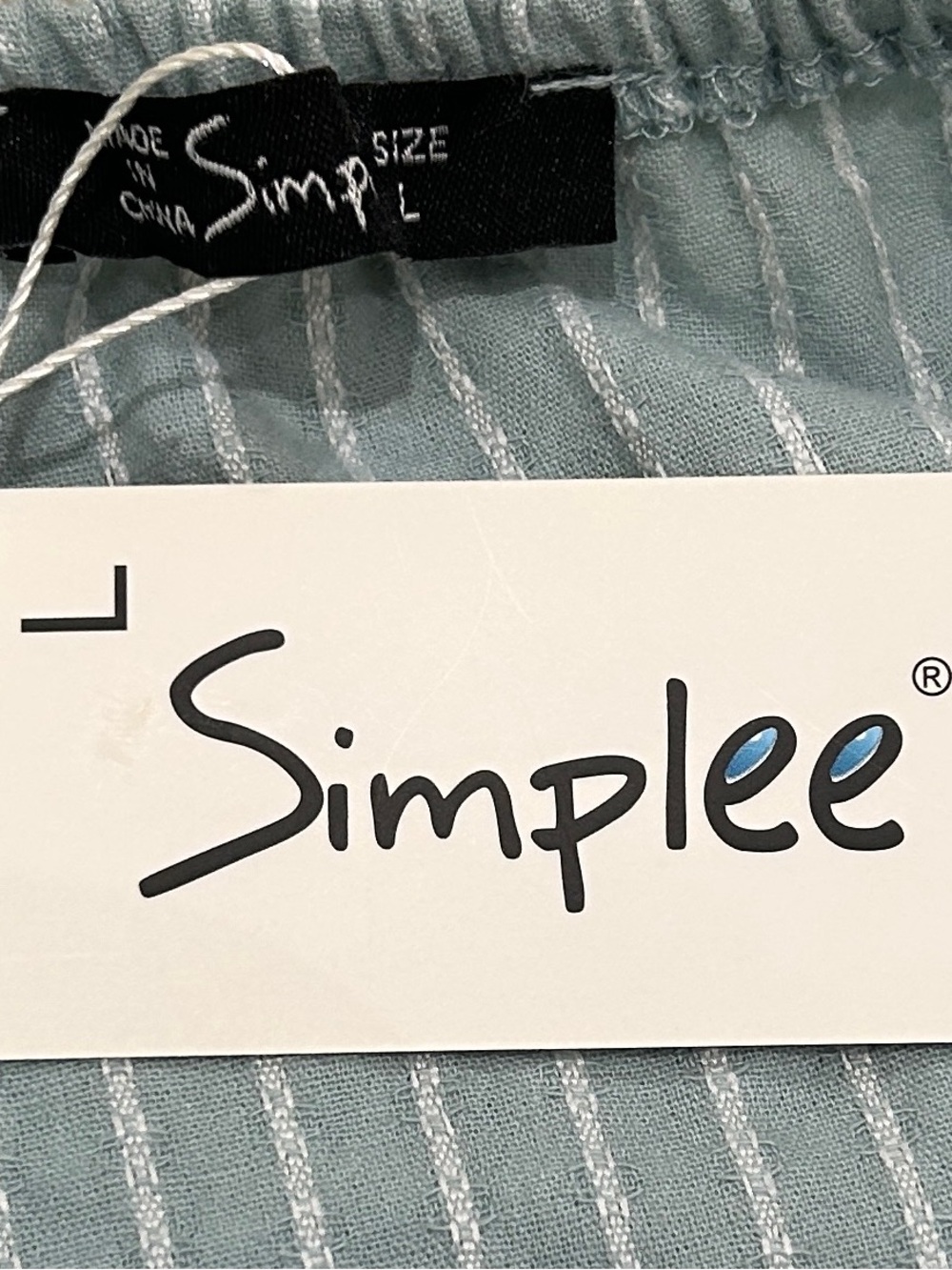 NWT Simplee Strapless Mint-Blue Pinstripe mini Dress back tie Pom Pom sz large - Picture 8 of 9
